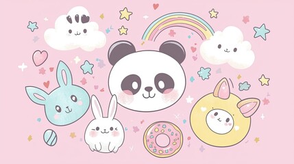 Obraz premium A playful and colorful Kawaii-style notebook cover design. The central focus is a group of adorable cartoon animals, including a smiling panda, 