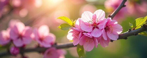Obraz premium Spring Blossoms in Sunlight Delicate Petals and Fresh Green Leaves Rustling Gently in the Spring Breeze, a Symbol of Renewal and New Life