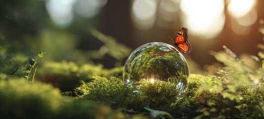 The delicate butterfly resting on a shimmering glass bubble in a forest setting.