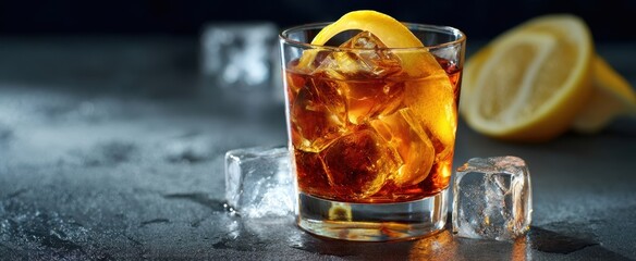 The refreshing whiskey cocktail with ice and a lemon slice garnishing.