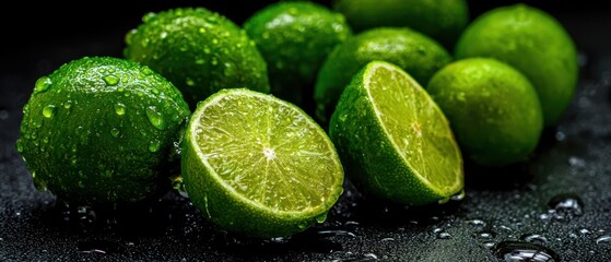 The vibrant limes glistening with fresh water droplets on a dark surface.