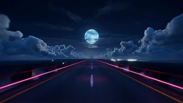 Futuristic neon road with full moon in night sky