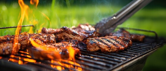 The sizzling steak on the grill amidst vibrant flames and outdoor ambiance