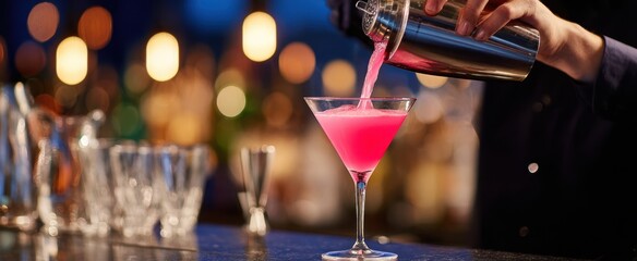 The bartender expertly mixes a vibrant pink cocktail at an upscale bar setting.