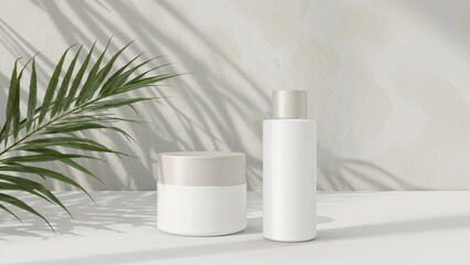 White cosmetic jars and bottle with green palm leaf cosmetic packaging white jars