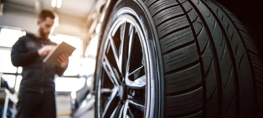 The tire and mechanic in a modern automotive workshop environment