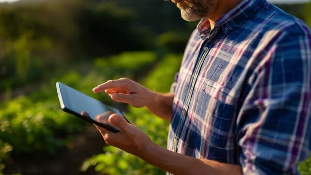 Farmer Utilizing Technology: A modern farmer inspects the quality of the harvest utilizing a tablet, bridging the gap between traditional agriculture and technological advancement. 