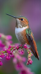 Fototapeta premium Close up of rufous hummingbird perched on a branch with pink flowers and water droplets in nature