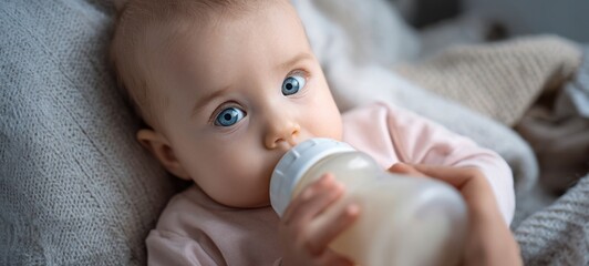 The adorable baby drinking milk from a bottle while resting comfortably.
