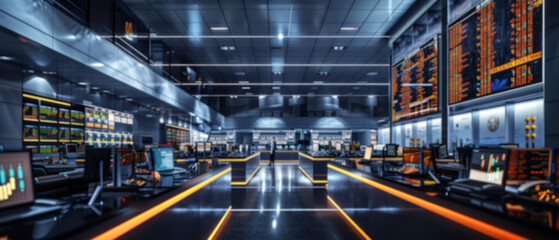 Empty blur shot stock market trading office floor in door building investment business chart economy exchange banking growth information screen desk diagram and computer.