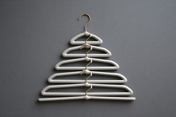 Six white clothes hangers arranged in a pyramid shape on a textured gray background