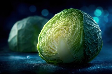Sliced green cabbage with layered texture next to a whole head on a speckled dark surface with bokeh