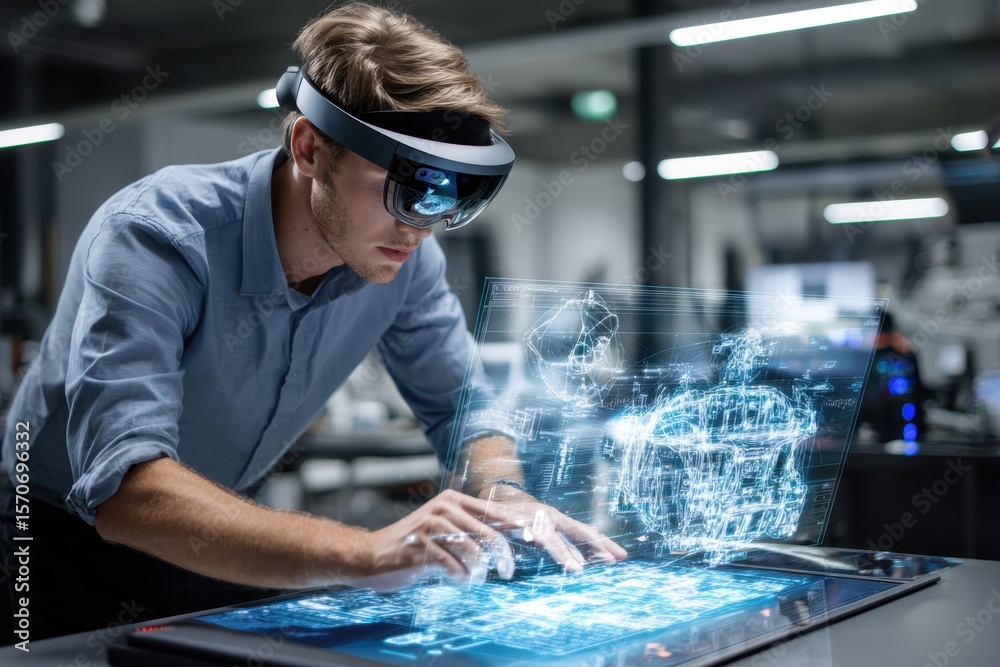 Poster expert working on advanced technology with augmented reality in a modern lab environment