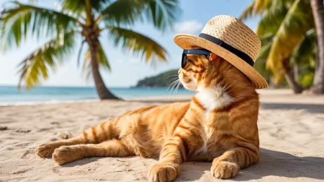 Relaxed cat with hat lying on tropical beach