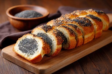 Sliced loaf of bread filled with poppy seeds sits on a wooden board with a bowl of seeds and cloth in the background