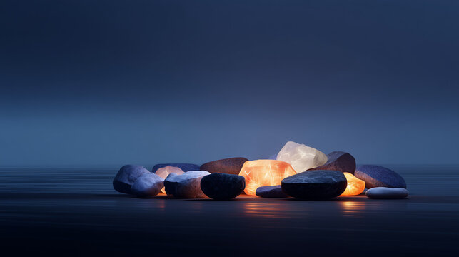 Glowing Stones in Minimal Dark Background &ndash; Abstract Zen Concept with Soft Ambient Light