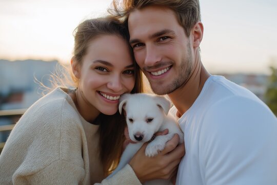 Happy caucasian young couple with puppy smiling outdoors at sunset - Powered by Adobe