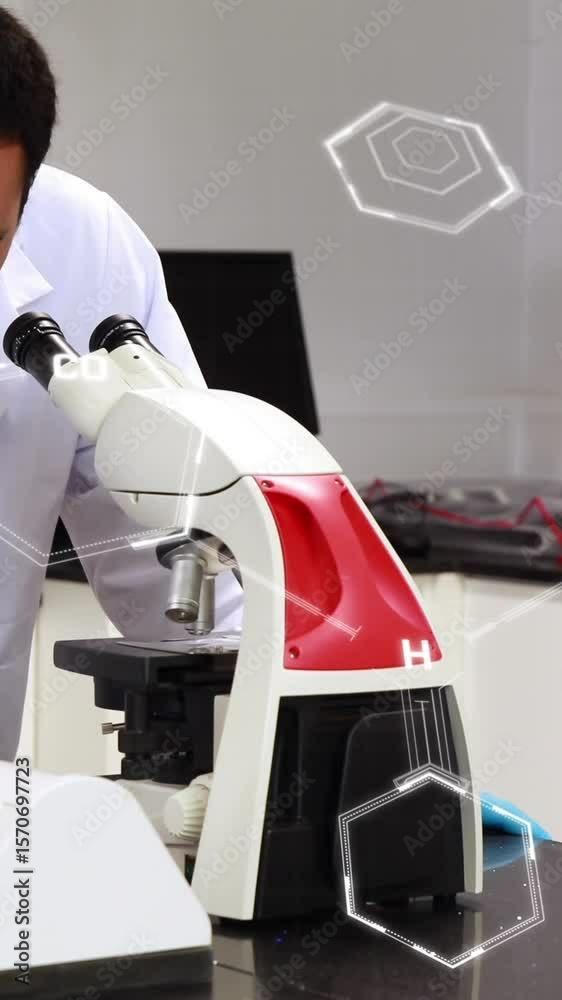 Poster animation of scientific data processing over male scientist using microscope in laboratory