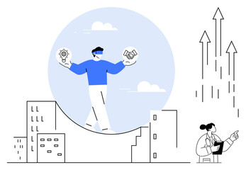 Person balancing lightbulb and handshake above cityscape, symbolizing innovation, teamwork. Ideal for business, growth, leadership, strategy, urban life innovation collaboration. Simple flat