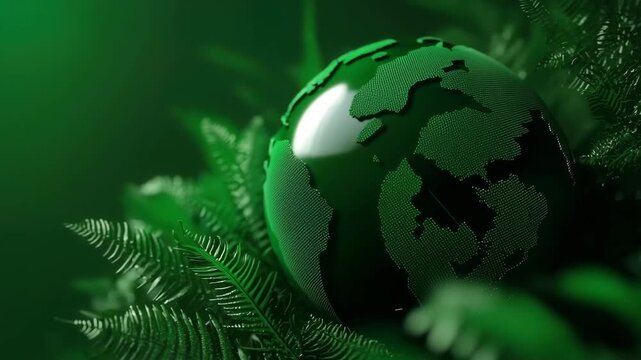 Vibrant green globe illustration surrounded by lush ferns symbolizes environmental awareness, sustainability, and harmony with nature - Powered by Adobe