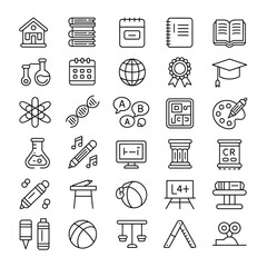 Fototapeta premium Collection of thirtysix black linear icons depicting educational and recreational objects and concepts including school building books notebook globe graduation cap atom D N A pencil music