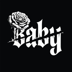 Stylized white rose with thorns intertwined with the word baby in gothic font