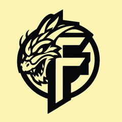 Black stylized dragon head logo with the letter f inside a circle