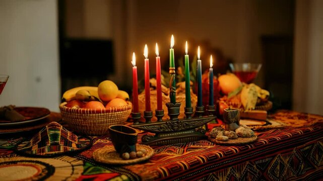 Colorful Kwanzaa table setting with candles, fruits, and traditional decorations