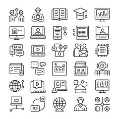 Collection of thirtysix black linear icons depicting various aspects of online education technology communication and networking including video conferencing online courses data analysis