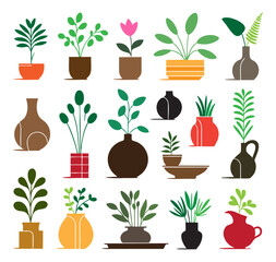 Collection of Modern Home Plant Vases Silhouette Style Vector Illustration, Indoor Plants, Minimal Black Botanical Decor, Contemporary Flower Pots, Houseplant Graphics for Interior Design