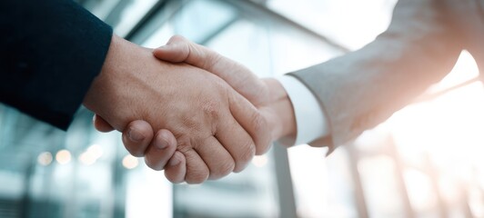 The handshake symbolizes partnership and trust in a professional setting.