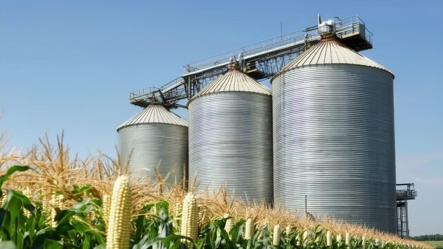Ethanol Production in Green Cornfields Exploring Agriculture, Silos, and Vibrant Industry Landscape Under Clear Blue Sky
