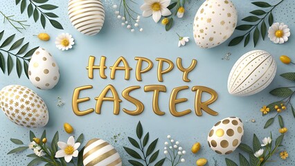 Happy Easter greeting card with colourful eggs and spring decorations