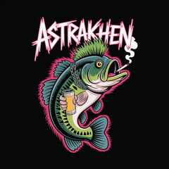 Punk rock bass fish with mohawk smoking cigarette and holding beer