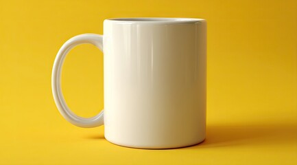 Obraz premium A plain white ceramic mug with a C-shaped handle sits on a vibrant yellow background. Its surface is subtly glossy, appearing smooth and unblemished