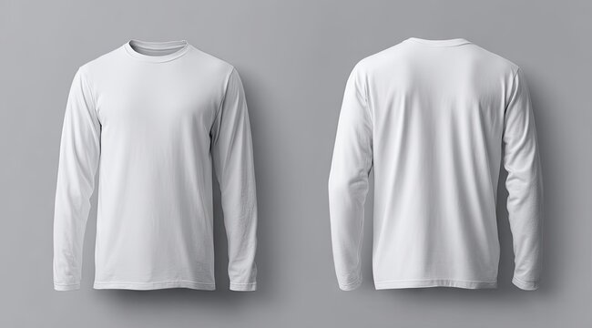 A plain white long-sleeve crew neck t-shirt displayed in front and back views against a neutral gray background