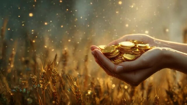 Golden Harvest: Hands gently cradling a pile of glittering gold coins, amidst a field of ripe wheat under a shower of golden light.  