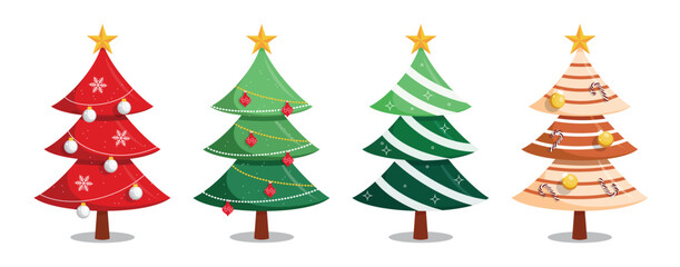 Christmas tree colorful clipart set. Colorful Christmas tree flat icon clipart collection with stars, xmas balls and candy cane with printed stripe festive decoration elements for winter holiday 