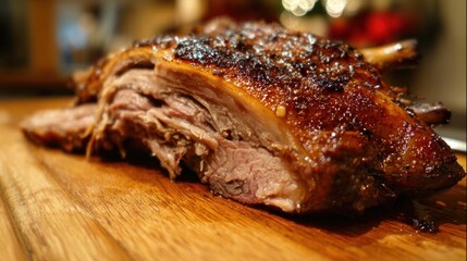 Roasted lamb ribs on wooden board