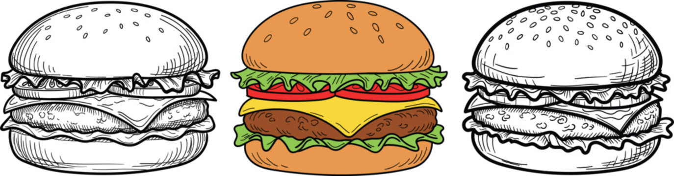 Hand drawn doodle hamburger illustrations in sketch line art. restaurant branding, menu design, fast food marketing, and vintage style food graphics.