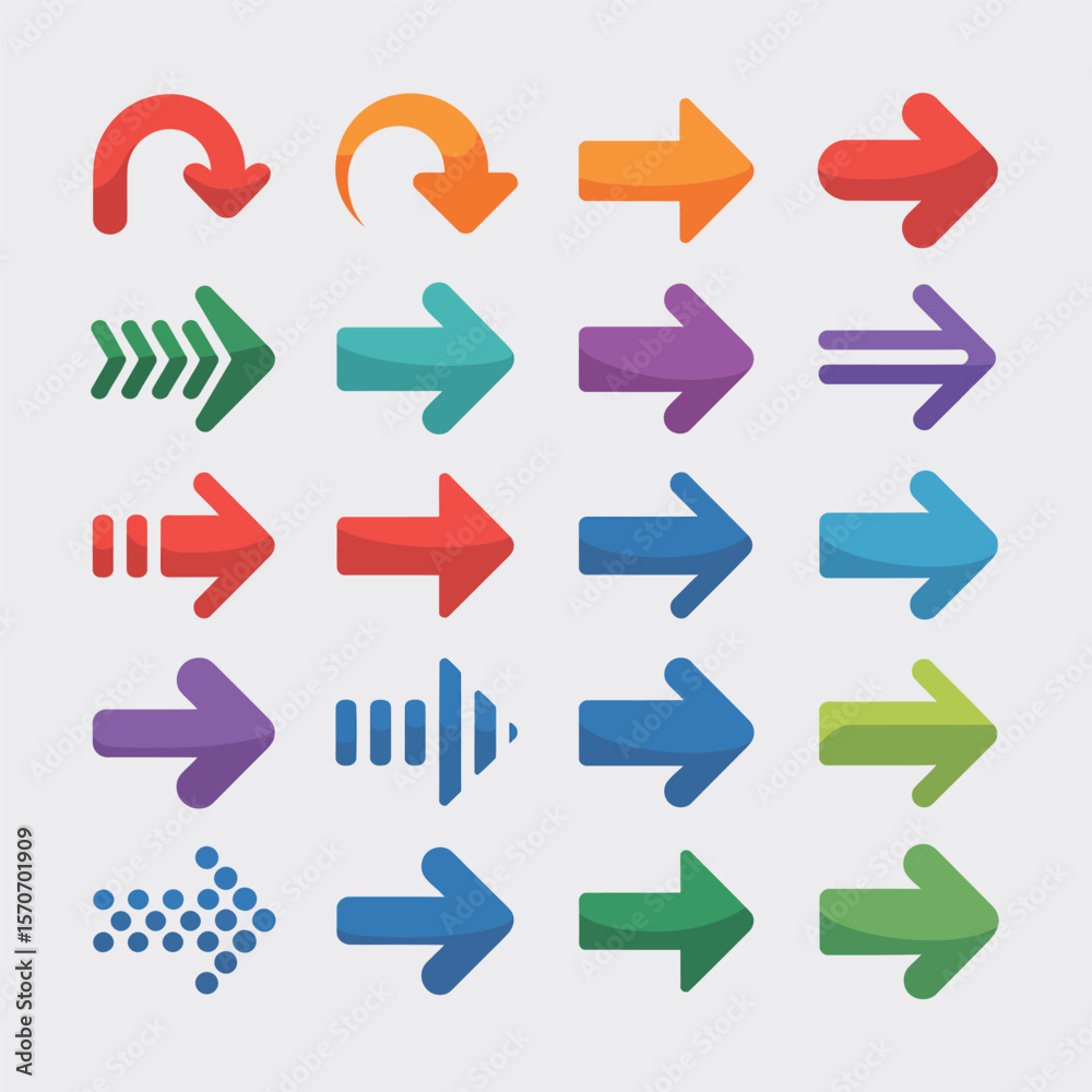 Poster collection of twenty colorful arrow icons vector graphics various styles and directions right left u