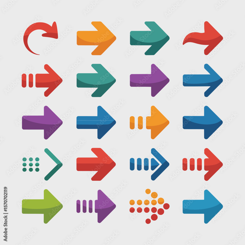 Poster collection of twenty colorful arrows in various styles and directions vector graphics set illustrati