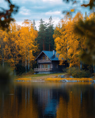 Fototapeta premium Cozy cabin by a lake in autumn foliage