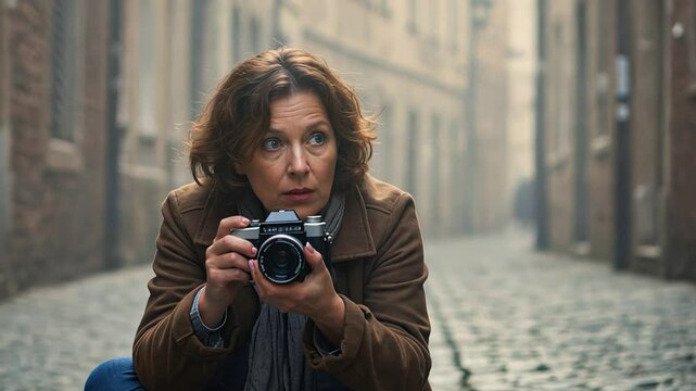 Caucasian woman photographer sitting on cobblestone street with camera. Tourist exploring vintage European city alley. Travel hobby footage.