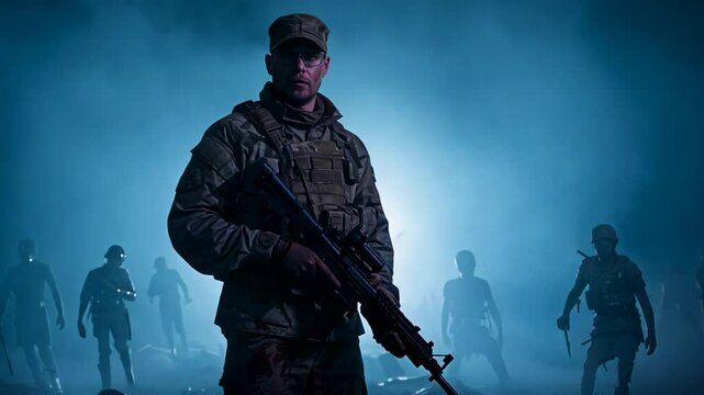Soldier standing among zombies in a foggy, eerie environment. Post apocalyptic horror scene. Survival concept for Halloween video. Footage.