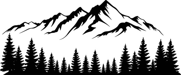 Obraz premium Silhouetted illustration of mountains and evergreen trees in a black and white graphic design