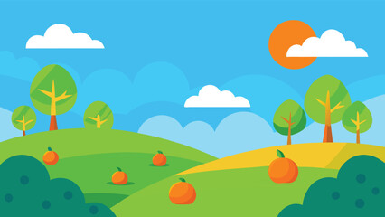 Obraz premium Cartoon Sunny Day Landscape with Orange Trees and Hills
