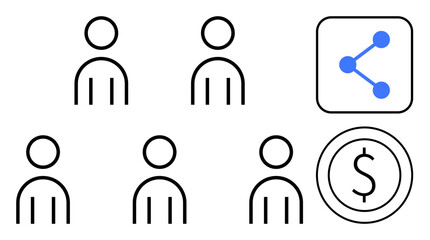 Simplified human figures aligned in two rows, a blue network sharing icon, and a dollar sign within a circle. Ideal for teamwork, networking, communication, finance, revenue, business and simple