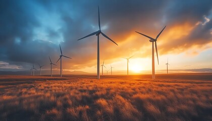 Wind turbines against a stunning sunset sky.