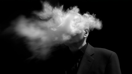 Person exhaling vapor in dark setting, creating cloud-like formation around head during evening hours